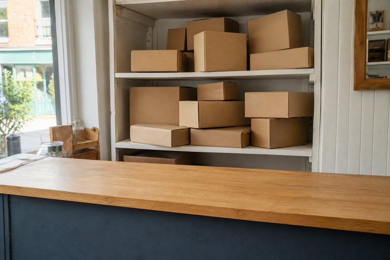 Stapel kartonnen pakketten op planken achter de toonbank van een afhaalpunt