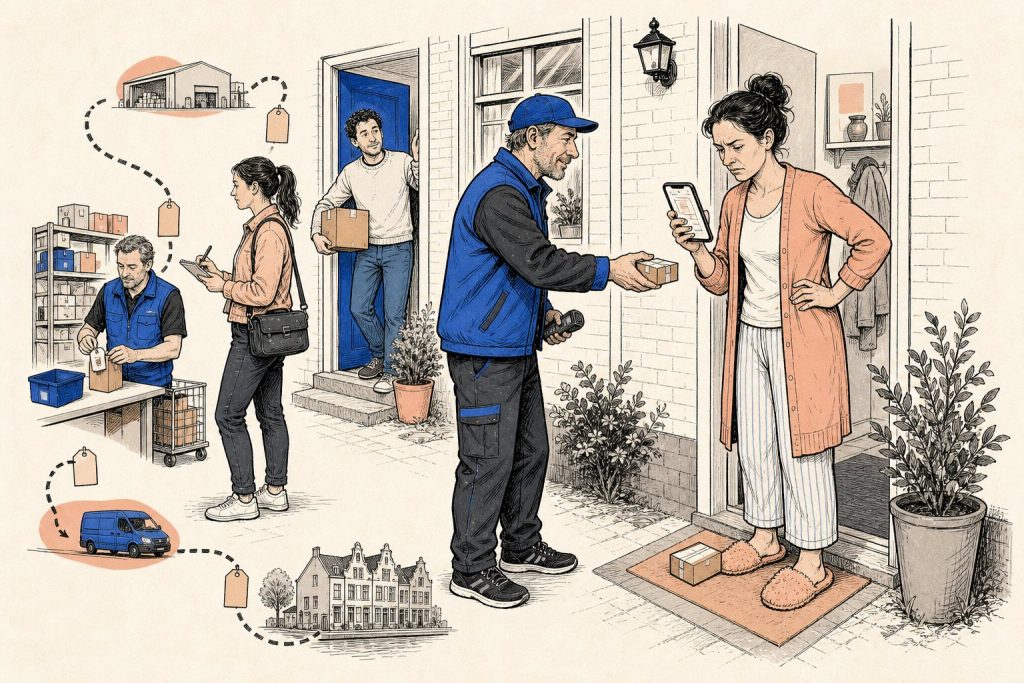 Illustratie: bezorger overhandigt een klein pakje aan een klant die fronsend op haar telefoon naar het bestelscherm kijkt