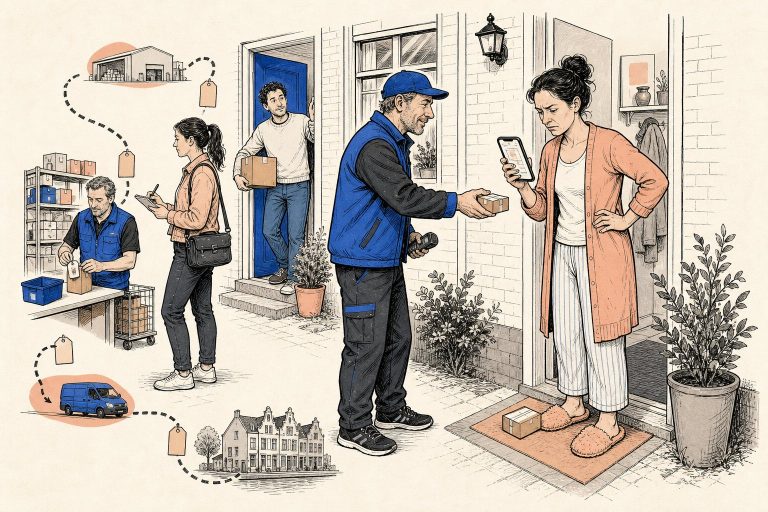 Illustratie: bezorger overhandigt een klein pakje aan een klant die fronsend op haar telefoon naar het bestelscherm kijkt