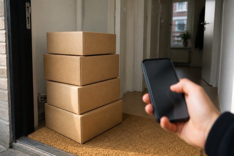 Stapel onbezorgde kartonnen pakketten op een deurmat, iemand kijkt op zijn telefoon