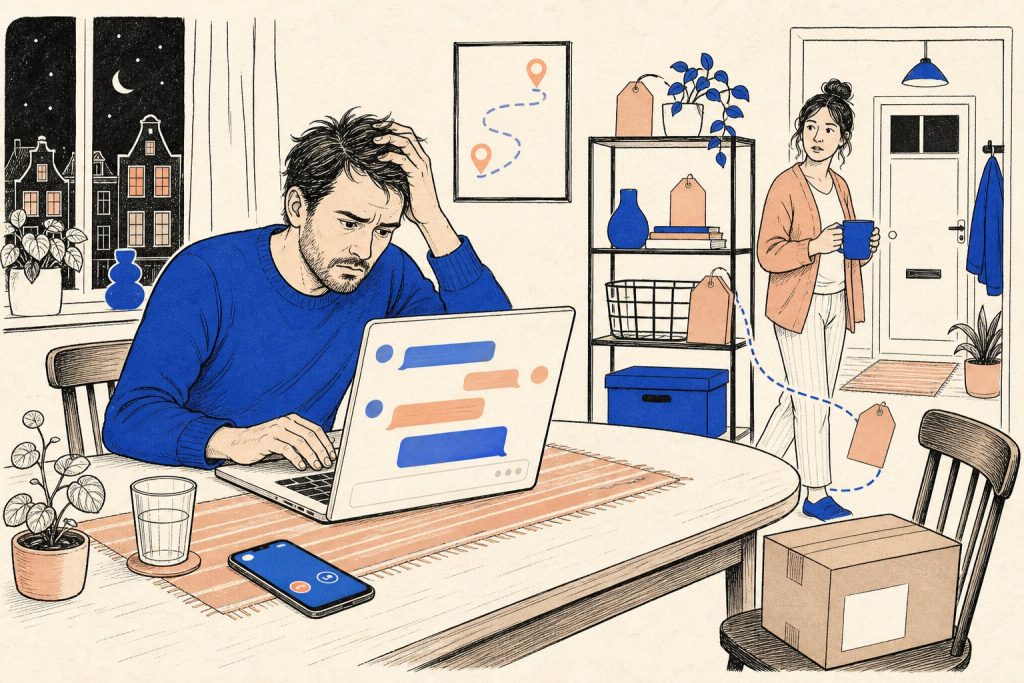 Illustratie van een man aan de eettafel die met een chatvenster op zijn laptop worstelt, pakketdoos naast hem