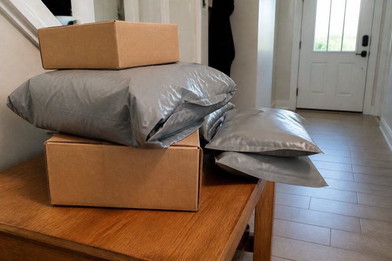 Stapel bruine kartonnen pakketjes en grijze plastic verzendzakken op een houten tafel bij de voordeur