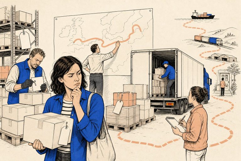 Lijnillustratie van magazijnmedewerkers die pakketten in een vrachtwagen laden bij een grensdepot met een grote wandkaart
