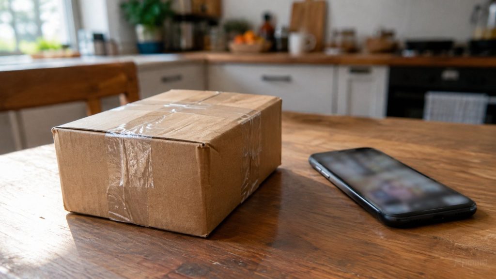 Klein kartonnen pakje ligt op een keukentafel naast een smartphone met een wazig scherm