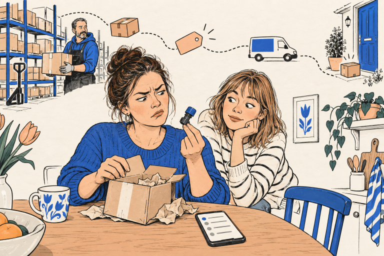 Illustratie van iemand aan de keukentafel die een pakketje opent met daarin een klein plastic hulpstuk, naast een telefoon met de bezorgstatus